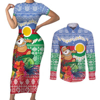 Personalised Shefa Joyeux Noel Couples Matching Short Sleeve Bodycon Dress and Long Sleeve Button Shirt Proud To Be a Ni-Van Sand Drawing Art LT9 Blue - Polynesian Pride