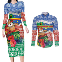 Personalised Tafea Joyeux Noel Couples Matching Long Sleeve Bodycon Dress and Long Sleeve Button Shirt Proud To Be a Ni-Van Sand Drawing Art LT9 Blue - Polynesian Pride