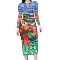 Personalised Tafea Joyeux Noel Long Sleeve Bodycon Dress Proud To Be a Ni-Van Sand Drawing Art LT9 Long Dress Blue - Polynesian Pride