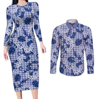 Mokihana Maile Ilima Leis Paniolo Palaka Couples Matching Long Sleeve Bodycon Dress and Long Sleeve Button Shirt Hawaiian Polu Spirit LT9 Blue - Polynesian Pride