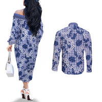 Mokihana Maile Ilima Leis Paniolo Palaka Couples Matching Off The Shoulder Long Sleeve Dress and Long Sleeve Button Shirt Hawaiian Polu Spirit LT9 - Polynesian Pride