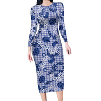 Mokihana Maile Ilima Leis Paniolo Palaka Long Sleeve Bodycon Dress Hawaiian Polu Spirit LT9 Long Dress Blue - Polynesian Pride