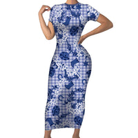 Mokihana Maile Ilima Leis Paniolo Palaka Short Sleeve Bodycon Dress Hawaiian Polu Spirit LT9 Long Dress Blue - Polynesian Pride