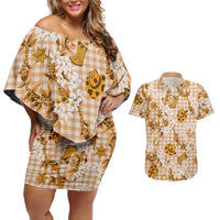 Mokihana Maile Ilima Leis Paniolo Palaka Couples Matching Off Shoulder Short Dress and Hawaiian Shirt Hawaiian Kula Spirit LT9 Gold - Polynesian Pride