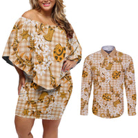 Mokihana Maile Ilima Leis Paniolo Palaka Couples Matching Off Shoulder Short Dress and Long Sleeve Button Shirt Hawaiian Kula Spirit LT9 Gold - Polynesian Pride