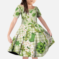 Mokihana Maile Ilima Leis Paniolo Palaka Family Matching Off The Shoulder Long Sleeve Dress and Hawaiian Shirt Hawaiian Omaomo Ala Spirit LT9 Daughter's Dress Green - Polynesian Pride