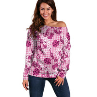 Mokihana Maile Ilima Leis Paniolo Palaka Off Shoulder Sweater Hawaiian Omaomo Ulaula Spirit LT9 Women Pink - Polynesian Pride