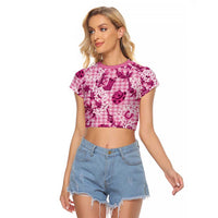 Mokihana Maile Ilima Leis Paniolo Palaka Raglan Cropped T Shirt Hawaiian Omaomo Ulaula Spirit LT9 Female Pink - Polynesian Pride