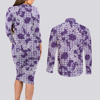 Mokihana Maile Ilima Leis Paniolo Palaka Couples Matching Long Sleeve Bodycon Dress and Long Sleeve Button Shirt Hawaiian Poni Spirit LT9 - Polynesian Pride