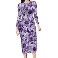 Mokihana Maile Ilima Leis Paniolo Palaka Long Sleeve Bodycon Dress Hawaiian Poni Spirit LT9 Long Dress Purple - Polynesian Pride
