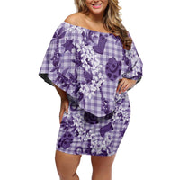 Mokihana Maile Ilima Leis Paniolo Palaka Off Shoulder Short Dress Hawaiian Poni Spirit LT9 Women Purple - Polynesian Pride