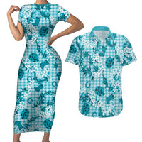 Mokihana Maile Ilima Leis Paniolo Palaka Couples Matching Short Sleeve Bodycon Dress and Hawaiian Shirt Hawaiian Polu Opa Spirit LT9 Turquoise - Polynesian Pride
