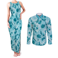 Mokihana Maile Ilima Leis Paniolo Palaka Couples Matching Tank Maxi Dress and Long Sleeve Button Shirt Hawaiian Polu Opa Spirit LT9 Turquoise - Polynesian Pride