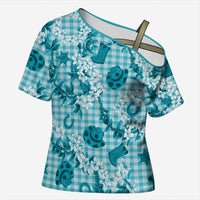 Mokihana Maile Ilima Leis Paniolo Palaka Cross Shoulder Shirt Hawaiian Polu Opa Spirit LT9 Female Turquoise - Polynesian Pride
