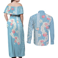 Blue Hawaii Anthurium Plumeria Lei Couples Matching Off Shoulder Maxi Dress and Long Sleeve Button Shirt