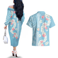 Blue Hawaii Anthurium Plumeria Lei Couples Matching Off The Shoulder Long Sleeve Dress and Hawaiian Shirt LT9 - Polynesian Pride