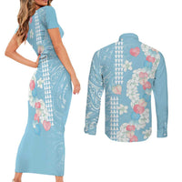 Blue Hawaii Anthurium Plumeria Lei Couples Matching Short Sleeve Bodycon Dress and Long Sleeve Button Shirt