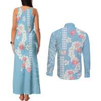 Blue Hawaii Anthurium Plumeria Lei Couples Matching Tank Maxi Dress and Long Sleeve Button Shirt