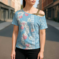 Blue Hawaii Anthurium Plumeria Lei Cross Shoulder Shirt