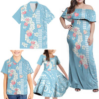 Blue Hawaii Anthurium Plumeria Lei Family Matching Off Shoulder Maxi Dress and Hawaiian Shirt LT9 - Polynesian Pride