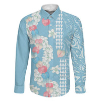 Blue Hawaii Anthurium Plumeria Lei Family Matching Puletasi and Hawaiian Shirt LT9 Dad's Shirt - Long Sleeve Blue - Polynesian Pride