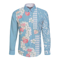 Blue Hawaii Anthurium Plumeria Lei Long Sleeve Button Shirt