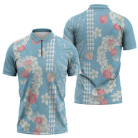 Blue Hawaii Anthurium Plumeria Lei Zipper Polo Shirt
