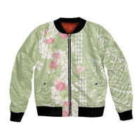 Leaf Green Hawaii Anthurium Plumeria Lei Bomber Jacket