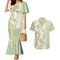 Leaf Green Hawaii Anthurium Plumeria Lei Couples Matching Mermaid Dress and Hawaiian Shirt LT9 Green - Polynesian Pride