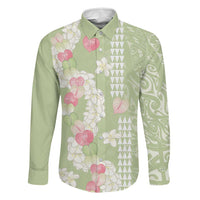 Leaf Green Hawaii Anthurium Plumeria Lei Family Matching Off The Shoulder Long Sleeve Dress and Hawaiian Shirt LT9 Dad's Shirt - Long Sleeve Green - Polynesian Pride
