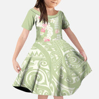 Leaf Green Hawaii Anthurium Plumeria Lei Family Matching Off Shoulder Maxi Dress and Hawaiian Shirt LT9 Daughter's Dress Green - Polynesian Pride