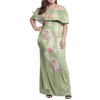Leaf Green Hawaii Anthurium Plumeria Lei Family Matching Off Shoulder Maxi Dress and Hawaiian Shirt LT9 Mom's Dress Green - Polynesian Pride