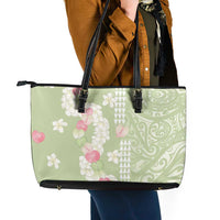 Leaf Green Hawaii Anthurium Plumeria Lei Leather Tote Bag
