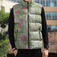 Leaf Green Hawaii Anthurium Plumeria Lei Sleeveless Puffer Jacket
