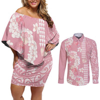 Soft Pink Hawaii Anthurium Plumeria Lei Couples Matching Off Shoulder Short Dress and Long Sleeve Button Shirt