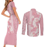 Soft Pink Hawaii Anthurium Plumeria Lei Couples Matching Short Sleeve Bodycon Dress and Long Sleeve Button Shirt LT9 - Polynesian Pride