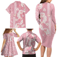 Soft Pink Hawaii Anthurium Plumeria Lei Family Matching Long Sleeve Bodycon Dress and Hawaiian Shirt LT9 - Polynesian Pride