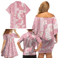 Soft Pink Hawaii Anthurium Plumeria Lei Family Matching Off Shoulder Short Dress and Hawaiian Shirt LT9 - Polynesian Pride