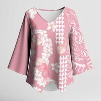 Soft Pink Hawaii Anthurium Plumeria Lei Kimono Sleeve Blouse