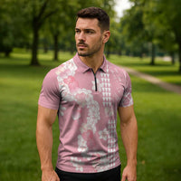 Soft Pink Hawaii Anthurium Plumeria Lei Zipper Polo Shirt