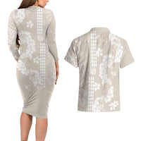 Suede Beige Hawaii Anthurium Plumeria Lei Couples Matching Long Sleeve Bodycon Dress and Hawaiian Shirt LT9 - Polynesian Pride