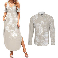 Suede Beige Hawaii Anthurium Plumeria Lei Couples Matching Summer Maxi Dress and Long Sleeve Button Shirt