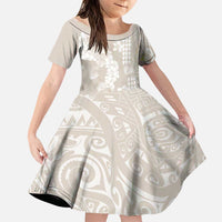 Suede Beige Hawaii Anthurium Plumeria Lei Family Matching Off Shoulder Maxi Dress and Hawaiian Shirt LT9 Daughter's Dress Beige - Polynesian Pride