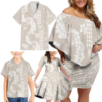 Suede Beige Hawaii Anthurium Plumeria Lei Family Matching Off Shoulder Short Dress and Hawaiian Shirt LT9 - Polynesian Pride