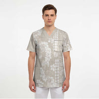 Suede Beige Hawaii Anthurium Plumeria Lei Scrub Top