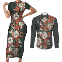Hawaii Tartan With Hibiscus Couples Matching Short Sleeve Bodycon Dress and Long Sleeve Button Shirt Polynesian Pattern Vintage