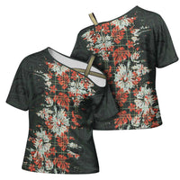 Hawaii Tartan With Hibiscus Cross Shoulder Shirt Polynesian Pattern Vintage