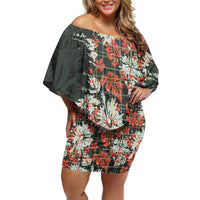 Hawaii Tartan With Hibiscus Family Matching Off Shoulder Short Dress and Hawaiian Shirt Polynesian Pattern Vintage LT9 Mom's Dress Dark Green - Polynesian Pride