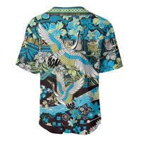 Japanese Hawaiian Crane Baseball Jersey Blue Tapa Patchwork Pattern