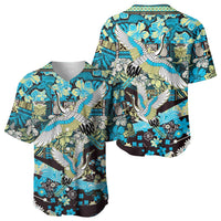 Japanese Hawaiian Crane Baseball Jersey Blue Tapa Patchwork Pattern